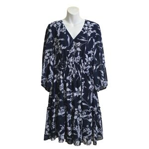 Just...Taylor Navy Floral Ruffled V-Neck Chiffon Smocked A-Line Mini Dress Sz 14